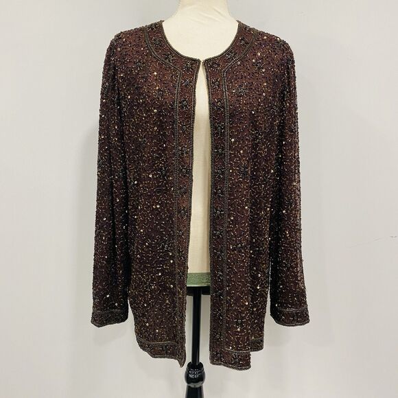 VTG STENAY 100% Silk L Beaded Sequin Formal Jacket Brown Hook Front Elegant Fall - Picture 1 of 16